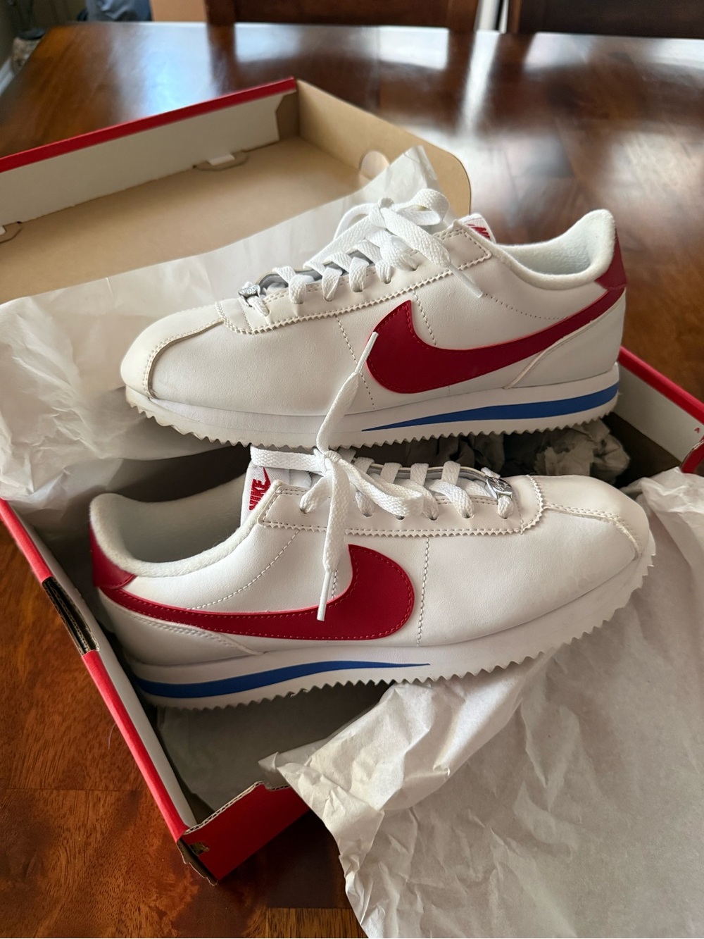 Nike Cortez White Sneakers with Red Swoosh and Blue Midsole Stripe 8.5W/7M
